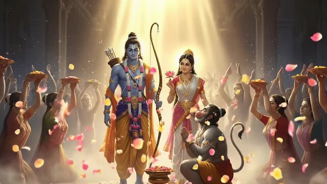 Divine Depiction of Lord Rama, Sita, and Hanuman with Devotees Celebrating Ram Navami Festival