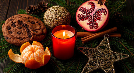Cozy Christmas Still Life with Candle, Pomegranate, Cookie and Evergreen Decor