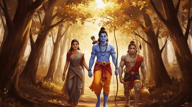Divine Trio Lord Rama, Sita, and Hanuman Walking Through a Forest on Ram Navami Celebration