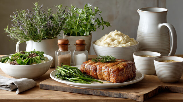 Rustic dinner spread with roasted meat, mashed potatoes, and fresh herbs