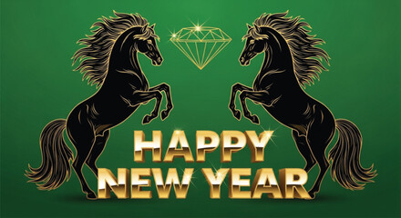 A festive illustration featuring two rearing horses with golden manes and tails, celebrating a happy new year. The design is set against a vibrant green background.