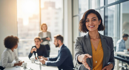 Obraz premium Professional woman extending hand for handshake welcoming new partner