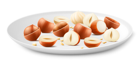 Hazelnuts on a white porcelain plate. Whole and half hazelnut isolated on white background. Peeled and unpeeled nuts. Hazelnut kernels are ripe and tasty, a source of protein. 3d vector illustration.