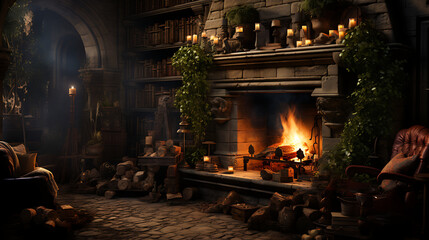 Epic Stone Fireplace and Library in a Mysterious Dark Academia Study, Medieval Witch's Lair