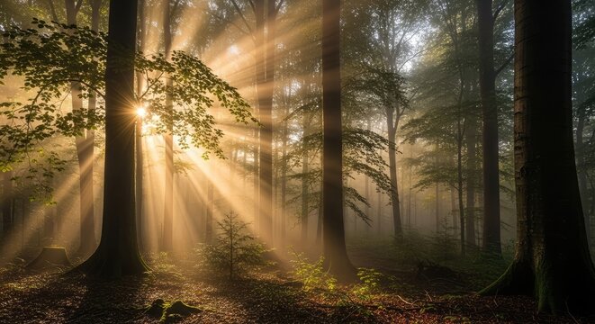 Sun rays piercing through the misty forest with tall trees and foliage