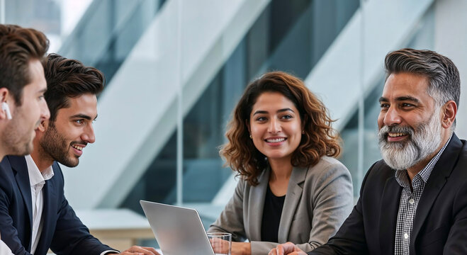 Business meeting team discussing feedback using laptop for collaboration