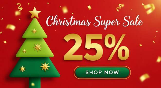 Christmas Super Sale Twenty Five Percent Off With Festive Tree And Confetti 25 percent off discount