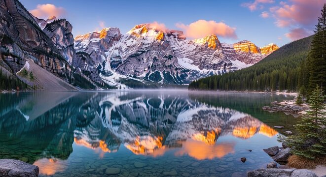 Snowy mountains reflected in a calm lake with trees and a cloudy sky - Powered by Adobe