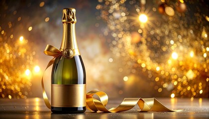 “A champagne bottle with a gold bow on a warm background, evoking celebration and elegance.”