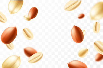 Falling peanuts, isolated on transparent background, selective focus. Flying peanut with blurry effect. Can be used for advertising, packaging, banner, poster. Realistic 3d vector illustration
