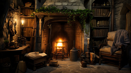 Rustic Gothic Hearth with Fireplace, Stone Walls, and Witch's Enchanted Study Corner