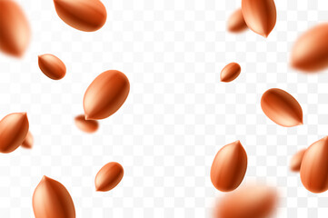 Falling peanuts, isolated on transparent background, selective focus. Flying peanut with blurry effect. Can be used for advertising, packaging, banner, poster. Realistic 3d vector illustration