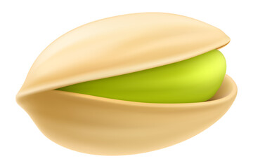 Realistic pistachios in 3d style. Roasted pistachios in shell isolated on white background. Natural organic food. Design element for nuts packaging, advertising, etc. Vector illustration.