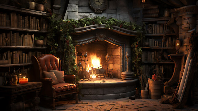 Cozy Dark Academia Study with Round Stone Fireplace, Library, and Witch's Reading Armchair - Powered by Adobe