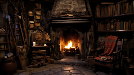 Naklejka premium Hidden Witch's Study and Medieval Workshop with Stone Fireplace, Books and Alchemist's Tools