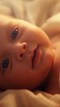 Vertical video: Gazing infant shifting eyes, blinking and pouting while settling on bed in swaddle