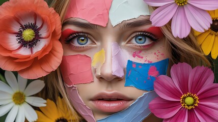 Creative face art with colorful paint and surrounded by flowers