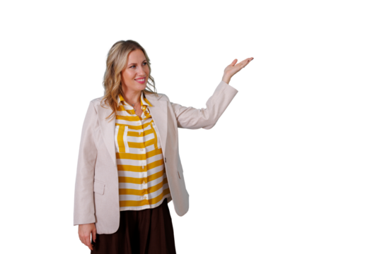 Professional businesswoman presenting and gesturing with open hand, showing concept, product, or space, transparent background - Powered by Adobe