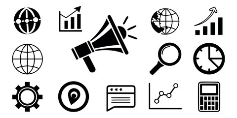 Collection of business and marketing icons representing growth and communication