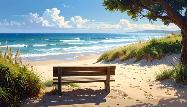 Beach vista a serene sandy beach with ocean waves under a sunny blue sky and a wooden bench foreground