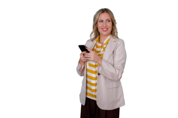 Professional businesswoman smiling while sending message or browsing on mobile phone, transparent background