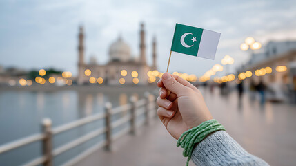 Hand holding pakistani flag with lahore landmark in background