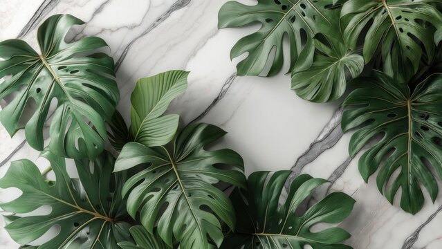 Lush green monstera leaves frame a diagonal marble background