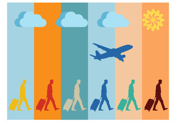 Travel illustration with a plane, clouds, sun, and people with luggage