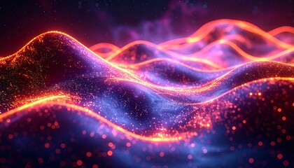 Abstract waves of glowing orange dots flowing across blue depths under a dark, starry sky