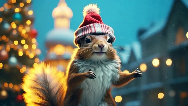Adorable squirrel wearing festive red and white hat stands playfully in front of a beautifully decorated Christmas tree, showcasing holiday spirit and joy, camera zooms in