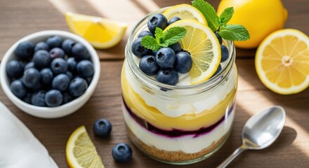 A delicious layered dessert in a glass jar, topped with fresh blueberries and lemon slices, with a bowl of blueberries and lemons on the side, set against a rustic wooden background