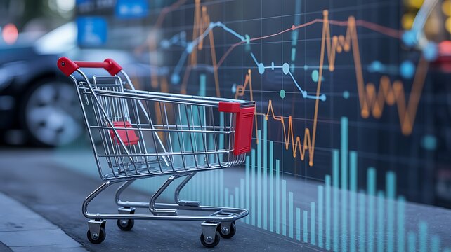 Shopping cart with financial stock market graph in background