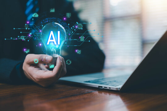 Businessman holding a glowing light bulb with AI text and futuristic digital circuits, symbolizing artificial intelligence innovation smart technology machine learning, creative ideas, data solutions.