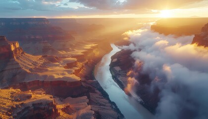 Fototapeta premium Golden Sunset over a Majestic Canyon River with Ethereal Clouds
