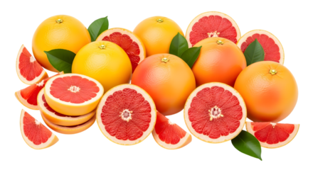 Vibrant collection of fresh grapefruits whole and sliced on a black background