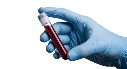 Close up of a gloved hand holding a blood sample in a test tube against a dark background