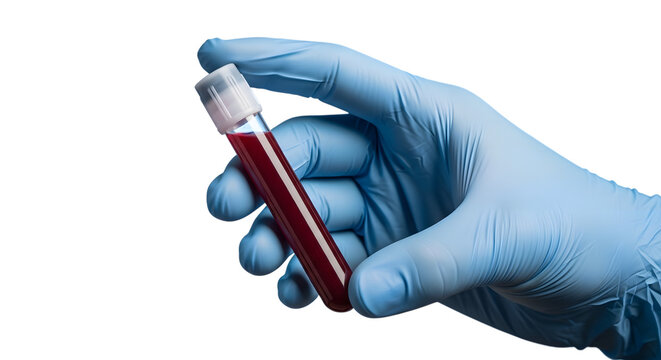 Close up of a gloved hand holding a blood sample in a test tube against a dark background