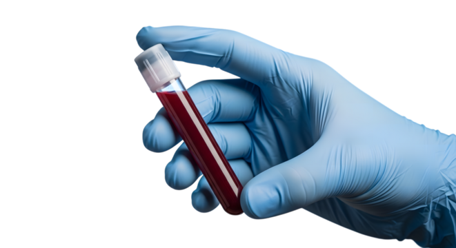 Close up of a gloved hand holding a blood sample in a test tube against a dark background