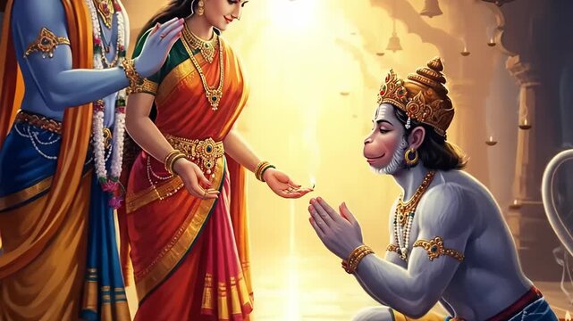 Devotion and Blessing Sita Offering Aarti to Hanuman on Ram Navami Festival Celebration, a Spiritual Moment