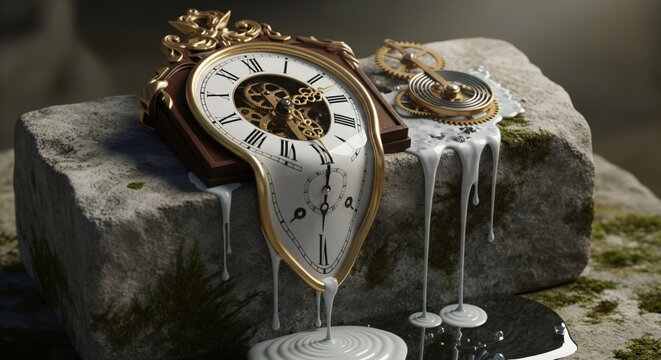 Antique clock melting on stone, time flowing concept, surreal still life