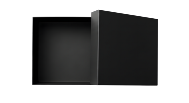 Elegant open black gift box with lid slightly ajar on a dark background