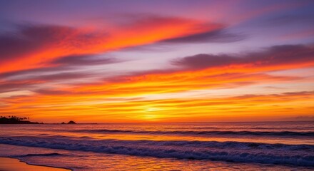 Fototapeta premium Vibrant sunset over the ocean with colorful sky and gentle waves rolling