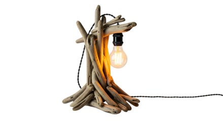 Unique handcrafted driftwood table lamp with exposed edison bulb on a dark background