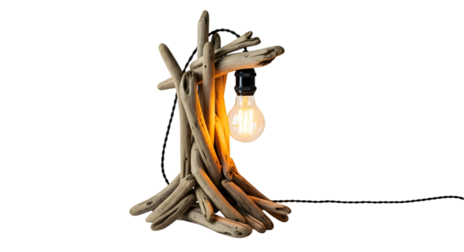 Unique handcrafted driftwood table lamp with exposed edison bulb on a dark background