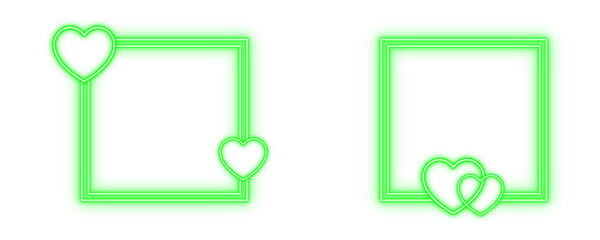Green rectangle frame heart line set neon light colorful shaped object elements isolated on white background