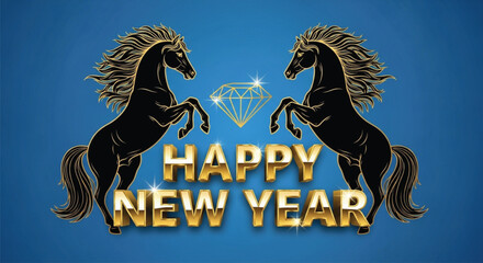A illustration features a golden "Happy New Year" greeting, flanked by two rearing horses and a diamond, all set against a vibrant blue backdrop. Festive and celebratory.
