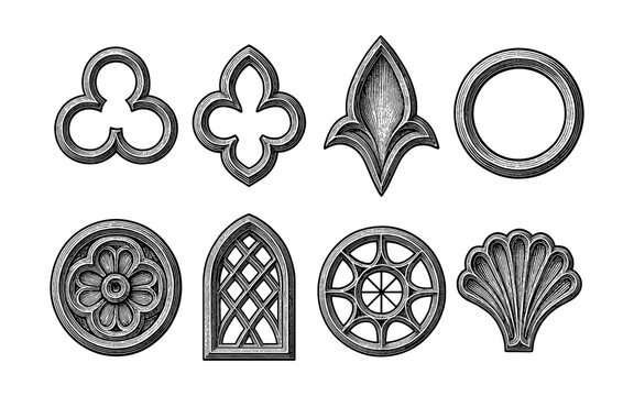 Collection of vintage gothic and medieval architectural window designs