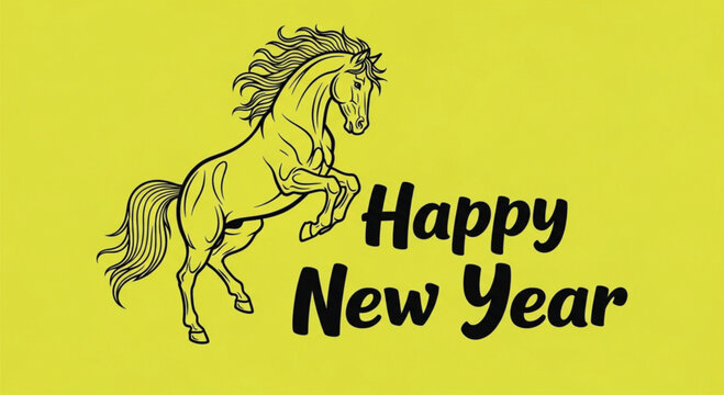A vibrant yellow backdrop showcases a black silhouette of a horse, symbolizing strength and freedom, alongside the festive greeting 'Happy New Year' in bold letters.
