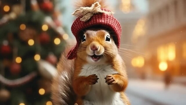 Adorable squirrel wearing a festive red hat stands cheerfully in front of a beautifully decorated Christmas tree, showcasing holiday spirit, camera zooms in for detail