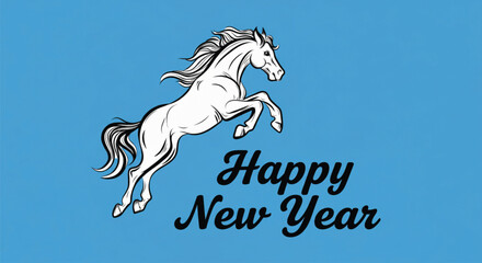A illustration shows a white horse jumping against a blue background. The words Happy New Year are written below the horse. This image is great for greeting cards.